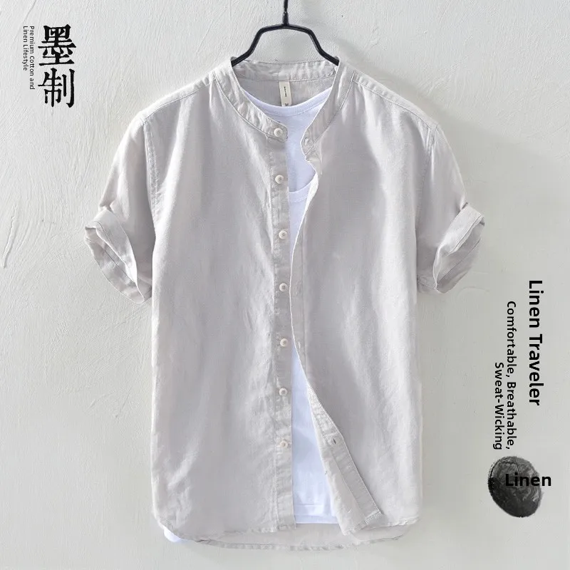 

Summer Thin Cotton Linen irt Men's ort Sve Loose Casual Pure Color Cotton Linen Top Trendy Button up Stand Collar