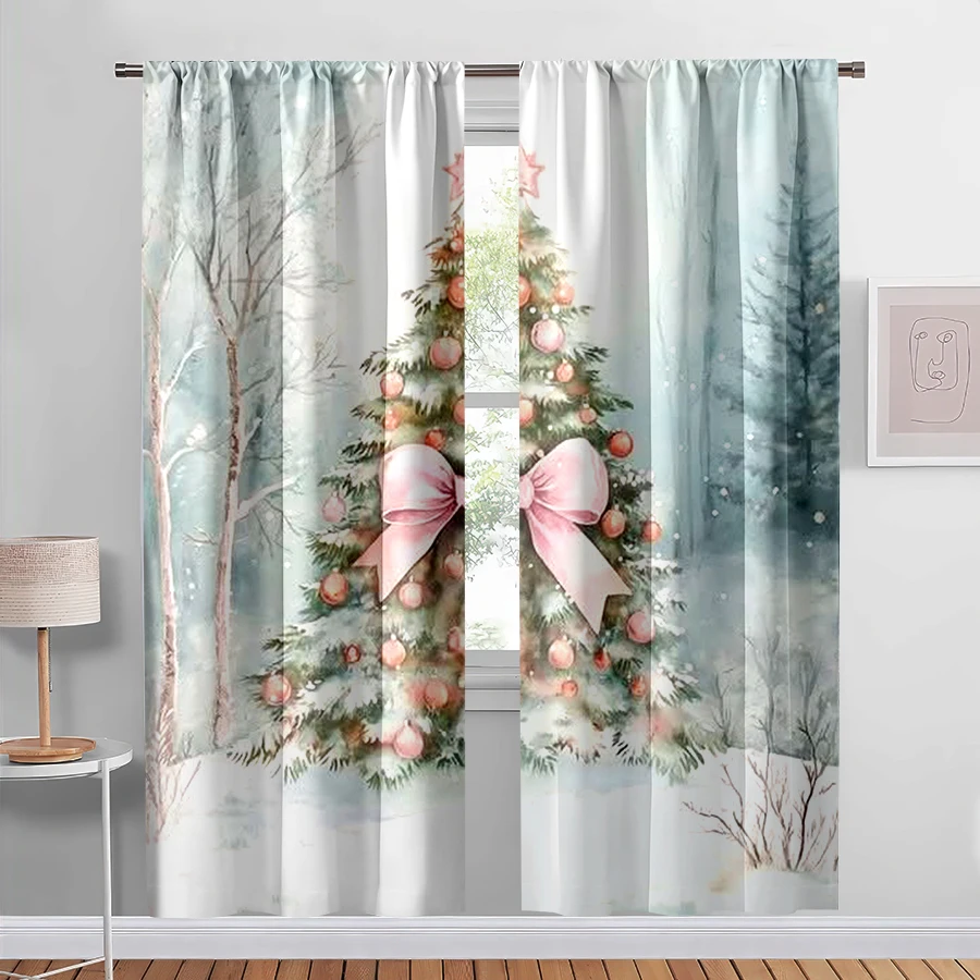2PCS Digital Print Curtain, Watercolor Christmas Tree with Pink Bow in Snowy Forest, Light Blue Winter Scene, for Bedroom Decor