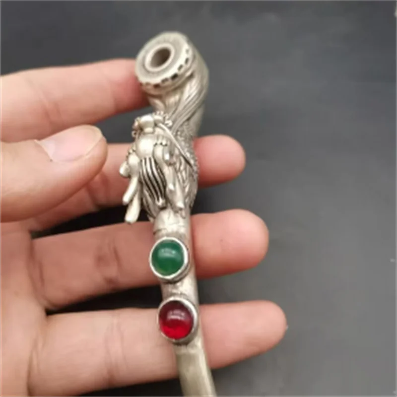 Vintage White Copper Inlaid Agate Smoking Pipe Creative Dragon Head Design Durable Metal Smoking Pipe for Grandfather Gift