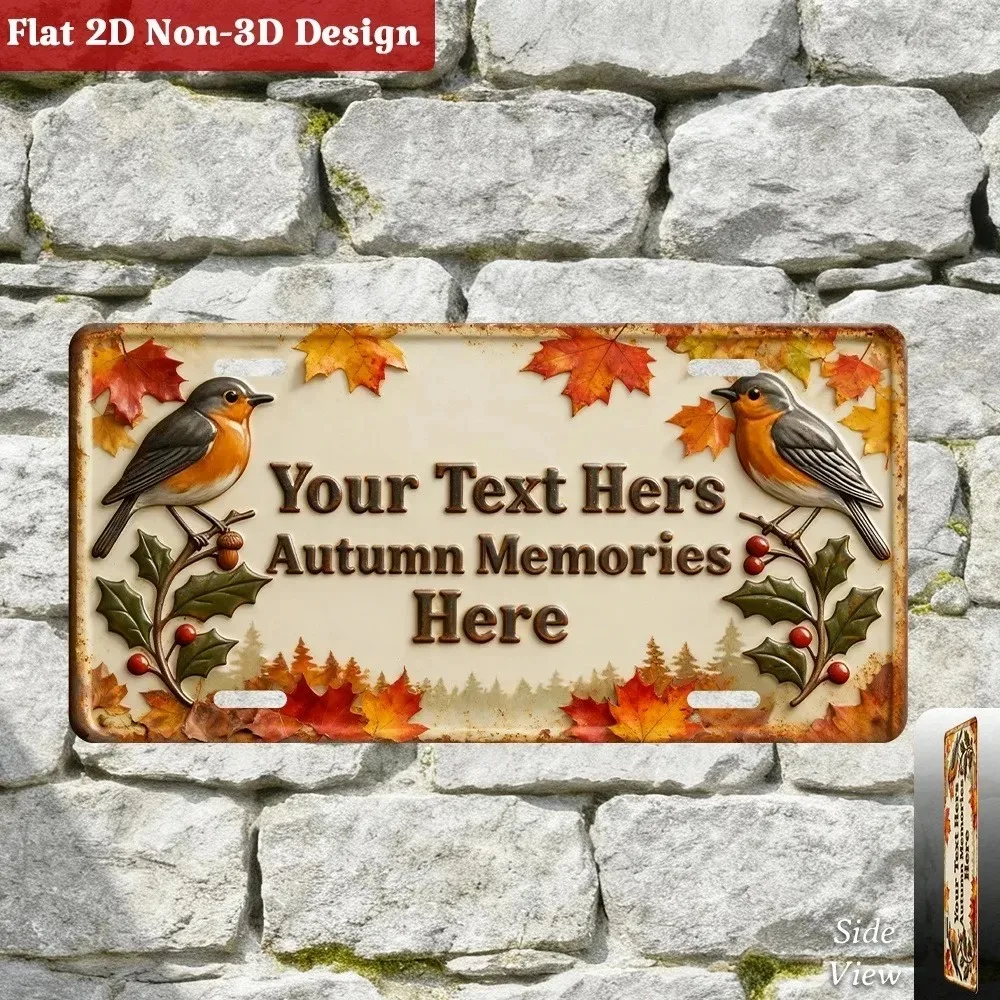 1pc 15×30cm 2D Flat Rustic Autumn Metal Sign, Bird Leaf Pattern Custom Text, Waterproof Wall Decor Ornament for Home Garden Gift