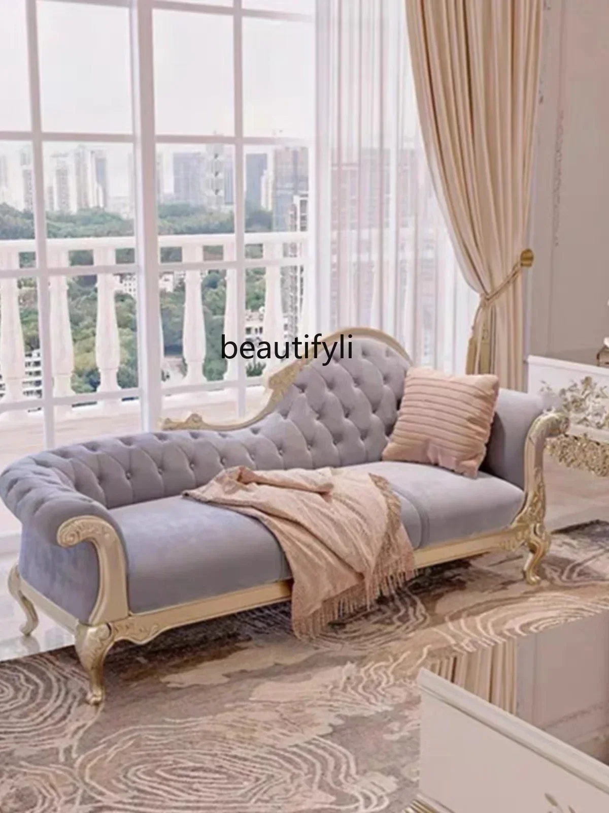 Light Luxury Solid Wood French Carved Sofa Court Chaise Longue Coffee Table TV Cabinet
