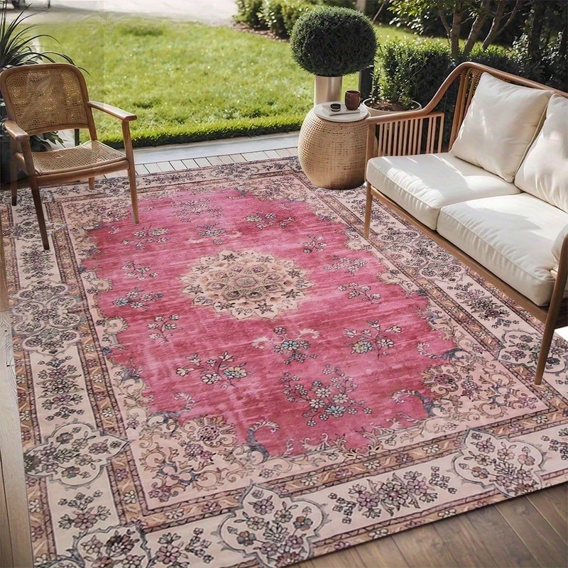 Vintage Bohemian Floral Flannel Carpet Non Slip Area Rug for Patio Living Room Bedroom Elegant Indoor Outdoor Home Floor Decor