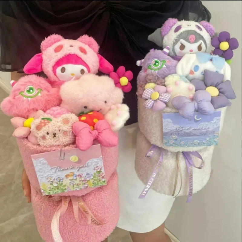 Miniso Sanrio Kuromi My Melody Pudding Dog Cinnamoroll Doll Bouquet Cartoon Doll Birthday Gift Finished Product