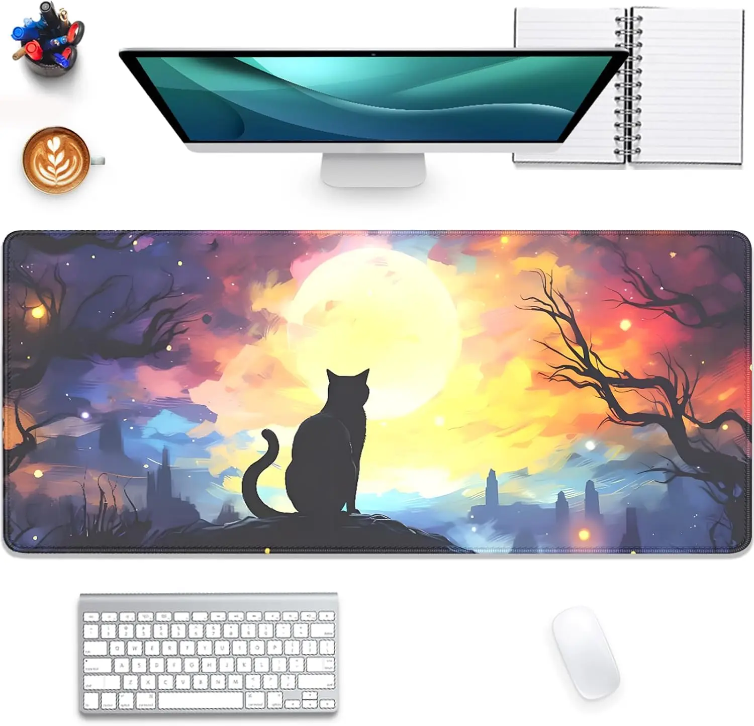 

Коврик для мыши Black Cat Starry Night, настольный коврик, большой расширенный игровой коврик для мыши с прошитым краем, нескользящий водонепроницаемый резиновый коврик для стола