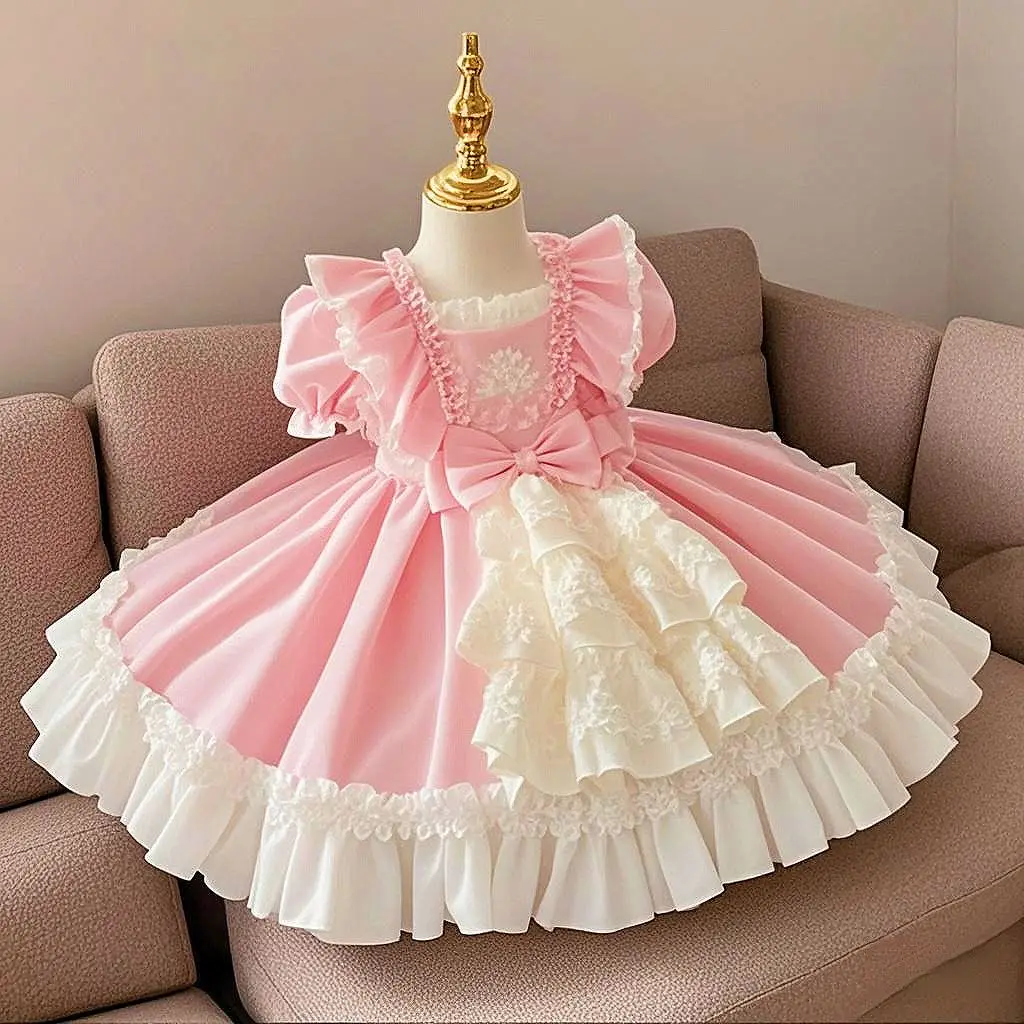 Kids Girls' New Summer Dress Breathable Palace Style Princess Dress Pink Bow Lace Dress for Weddings Birthday Party for