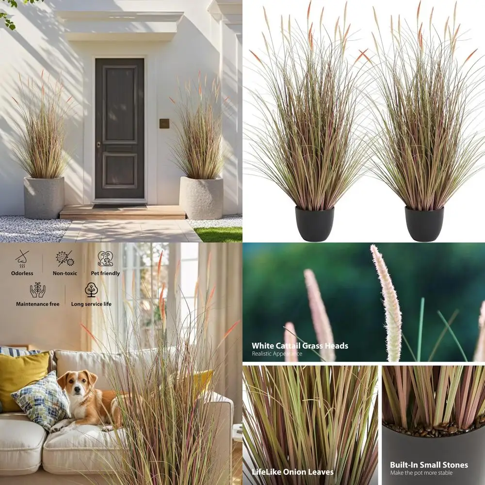 Hierba de caña de cola de gato artificial de 2 piezas de 4 pies, hierba de cebolla falsa de 47,2 de alto para interior/exterior, plantas decorativas en macetas para el hogar, apagado