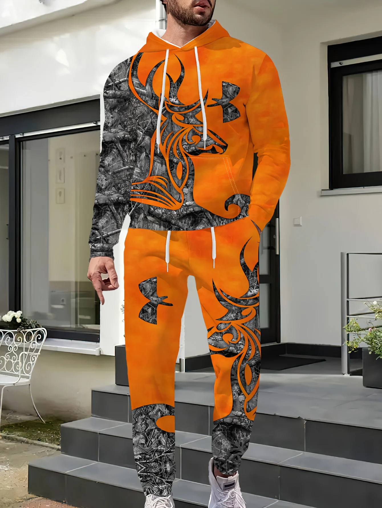 جديد وصول عارضة الشتاء الخريف الغزلان 3D مطبوعة هوديي وسراويل مجموعة رياضية 2 قطعة مجموعة ملابس رياضية الرجال الملابس البدلة