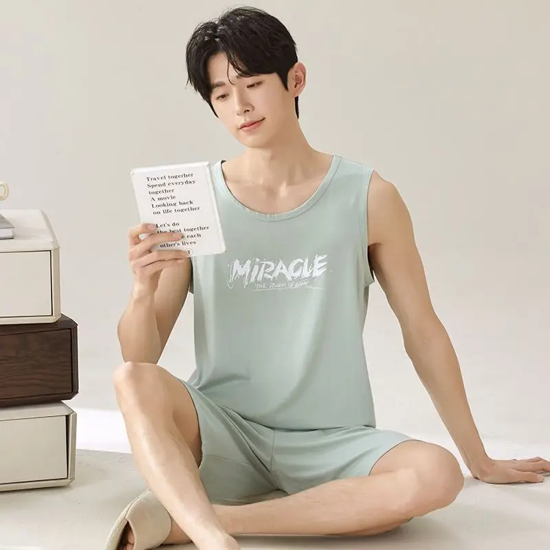 2026 New Summer Sleeveless Vest Modal Pajama Sets for Men Korean Loose Sleepwear Pyjama Homewear Male Pijama Hombre Home Clothes
