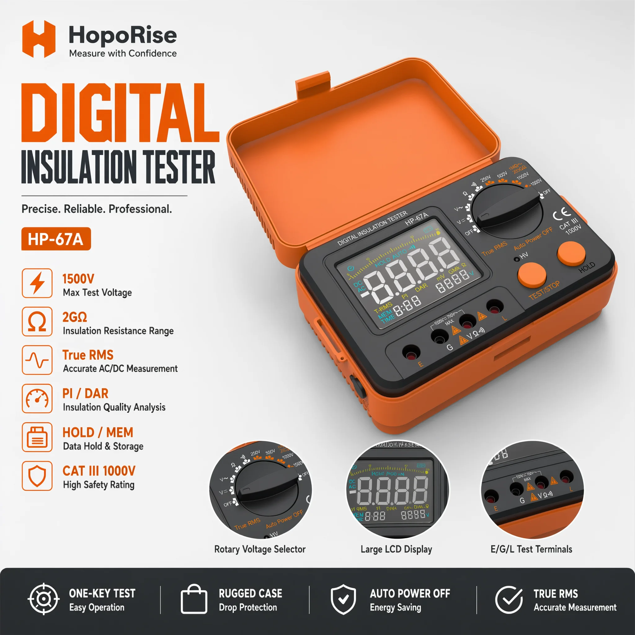 4000 Counts Digital Insulation Tester 250V-2500V Megohmmeter 50GΩ VA Color Display AC/DC Voltage Resistance Continuity