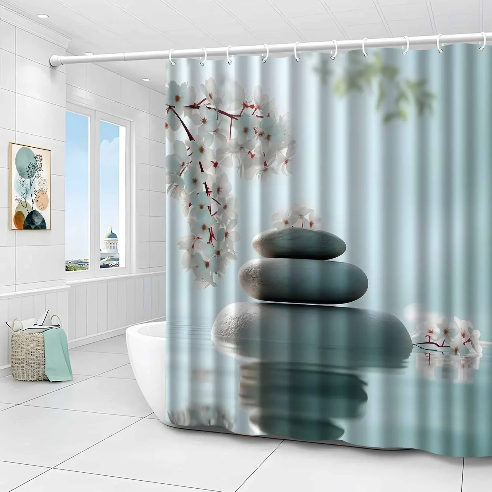 Elegant Floral Spring Bathroom Shower Curtain with Stacked Stones Design for Modern Home Decor