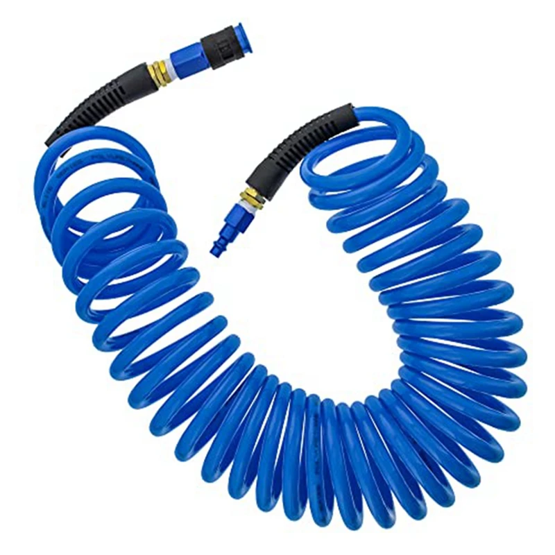 1/4In X 25In Polyurethane Recoil Air Hose +Bend Restrictors And 1/4In NPT Male Fitting Ends - Universal Quick Coupler