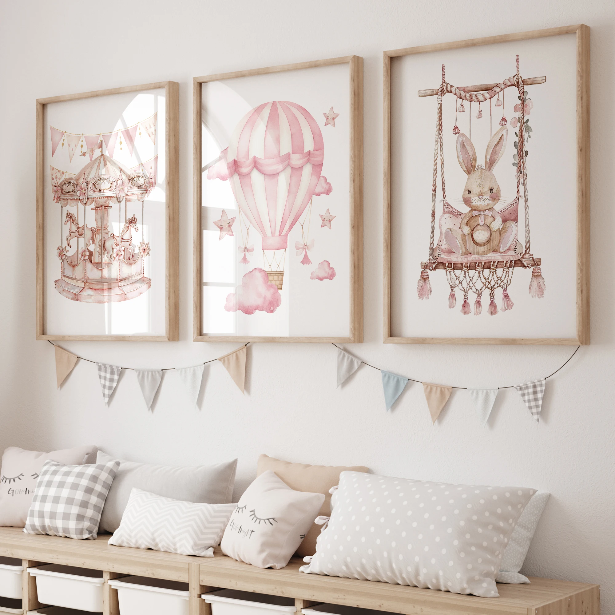 

Pink Bunny Swinging Carousel 3pcs Wall Art Prints Canvas Painting Poster Picture For Living Bedroom Kids Play Room Home Decor