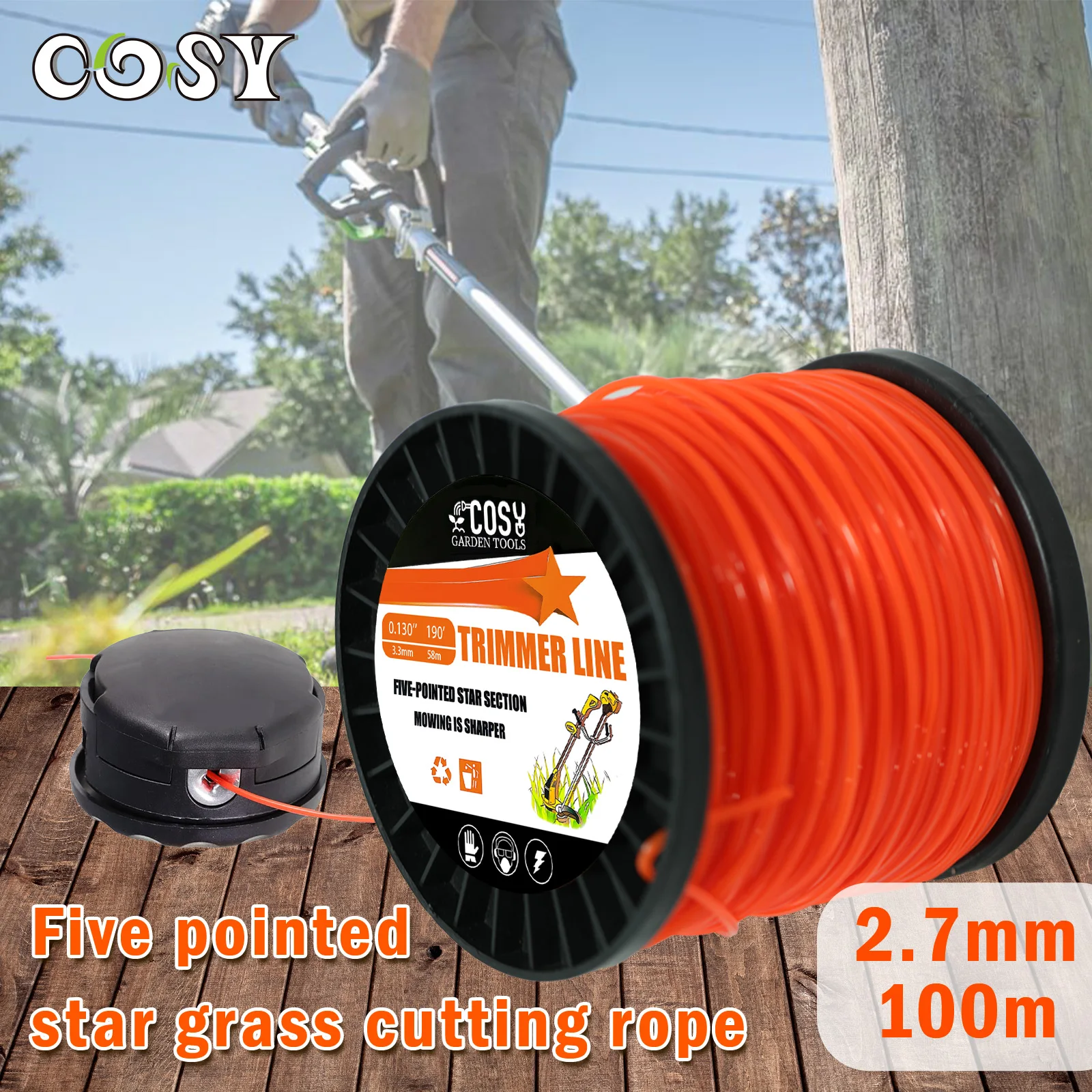 2.7mmx100m Brush Cutter Sharp Rope Grass Mower Pentagram Nylon Mowing Trimmer Line Trimmer Head String Grass Trimmer Roll Line