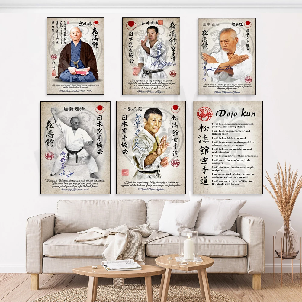 Shotokan Karate Japanese character print, dojo training, rules, Gichin Funakoshi, Masahiko Tanaka, martial arts master poster