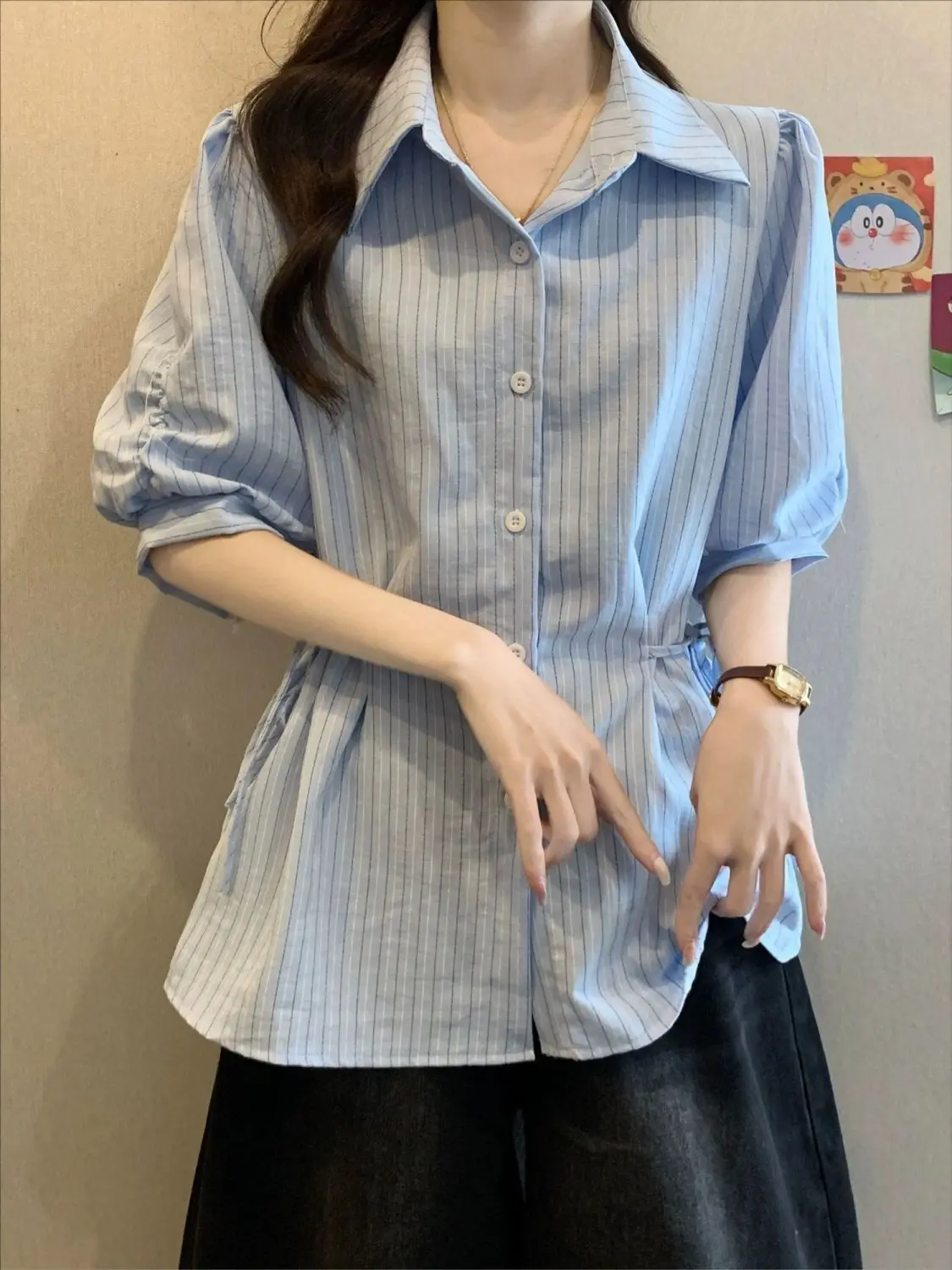 

Blue Striped Blouse Women 2025 - French Short Sleeve Button Down Shirt, Summer Plus Size Waist Tie Slim Fit Top, Y2K Elegant Cas