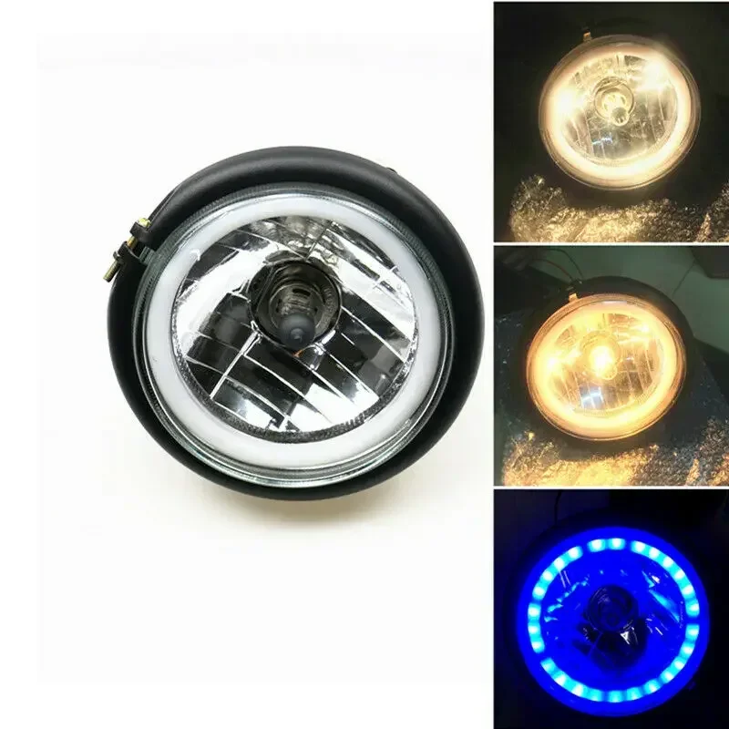 Motorcycle High/Low Beam Universal Side Mount Retro for Cafe Racer Round Headlight Blue Lights