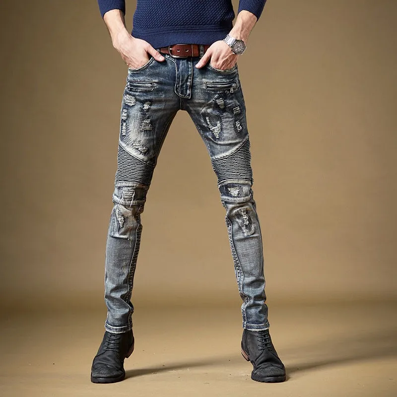 

High Quality Men’s Street Fashion Moto&Biker Jeans Pants,Ripped Decors Retro Blue Jeans,Youth Trendy Sexy Pants;