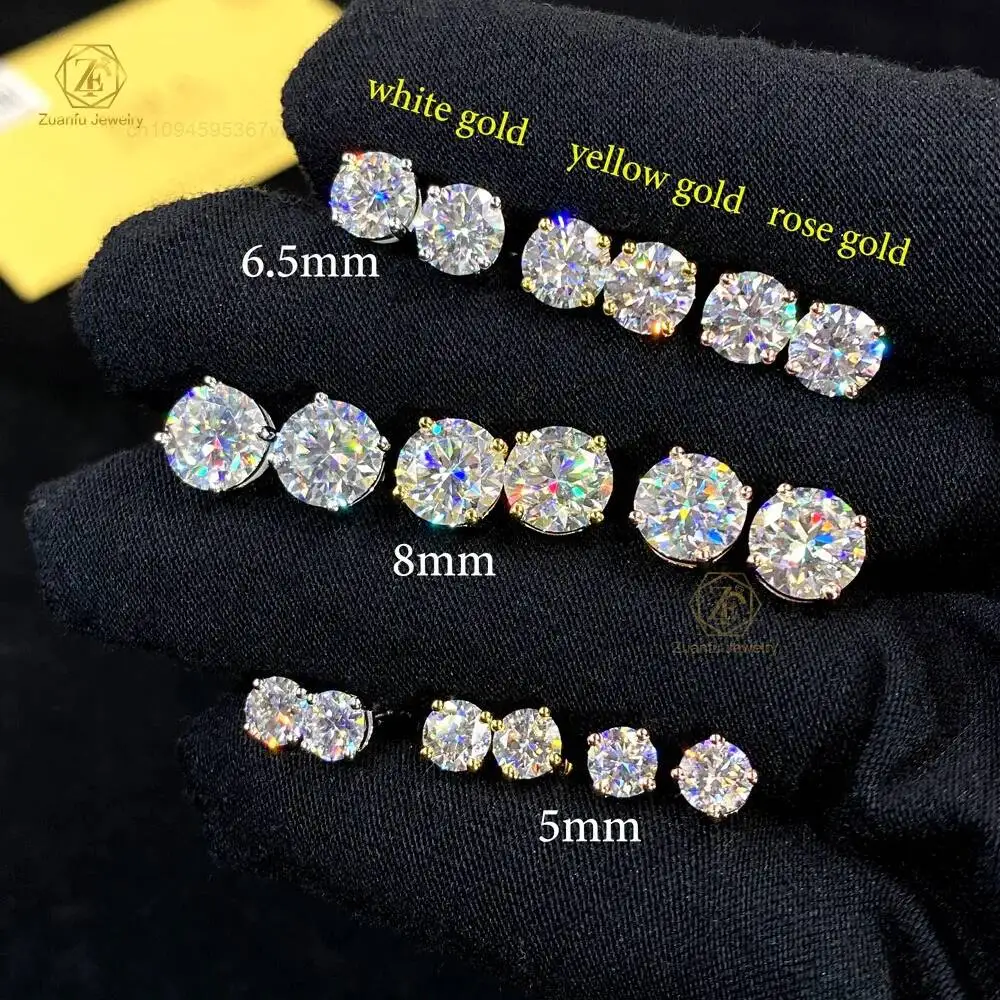 Wholesale VVS Diamond Earring Factory Price 925 Sterling Silver Round Cut 5mm 6.5mm 8mm Moissanite Stud Earrings Men Women