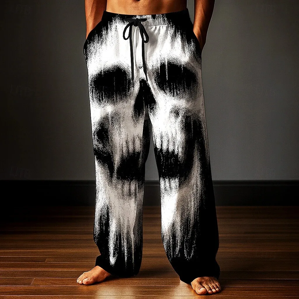 Gruselige, verblasste Totenkopf-Unisex-Jogginghose mit geradem Bein, lockere Freizeithose für Halloween-Kostüm, Gothic-Party, Street-Night-Out – Detail 7