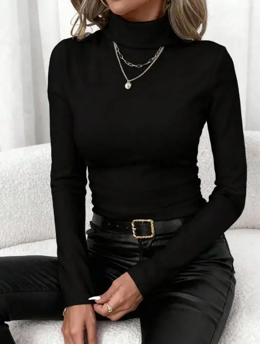 

2026 Elegant Autumn and Winter New Fashion Casual Long Sleeved Top with Temperament Semi High Neck Base Shirt