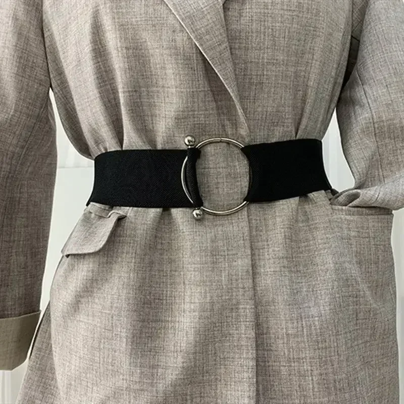 Women Elastic Band Wide Belts Simple Down Coat Waist Belt Female Buckle Black Strap Dress Decoration Accessories Leather Belt