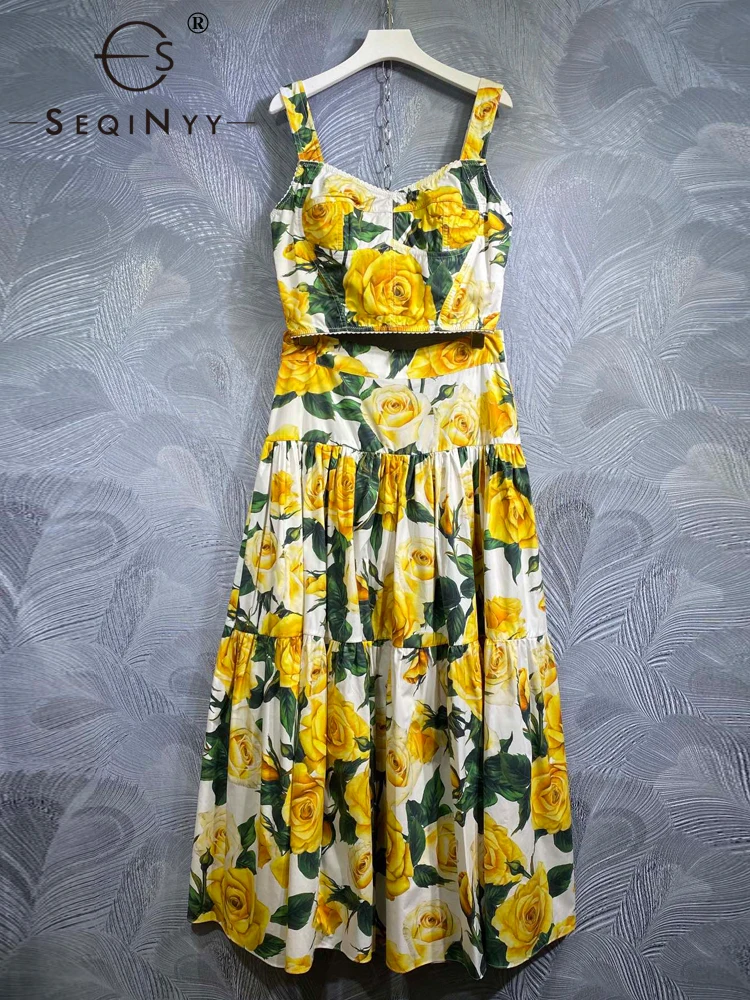 

SEQINYY 100% Cotton Suit Summer Spring New Fashion Design Women Runway High Quality Crop Top + Long Skirt Vintage Yellow Flower