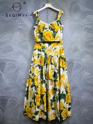 SEQINYY 100% Cotton Suit Summer Spring New Fashion Design Women Runway High Quality Crop Top + Long Skirt Vintage Yellow Flower