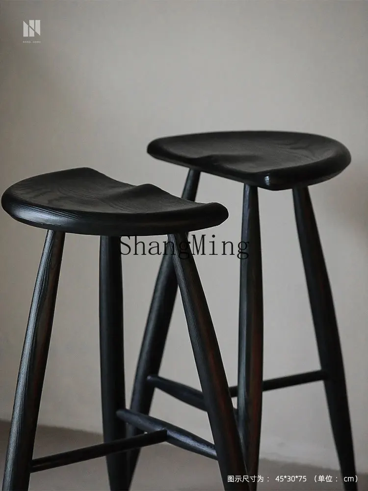 LXY wabi-sabi الرياح الخشب الصلب المنزل الأسود المتفحمة كرسي طويل الساق خشب الرماد مقعد مرتفع الراحة البراز