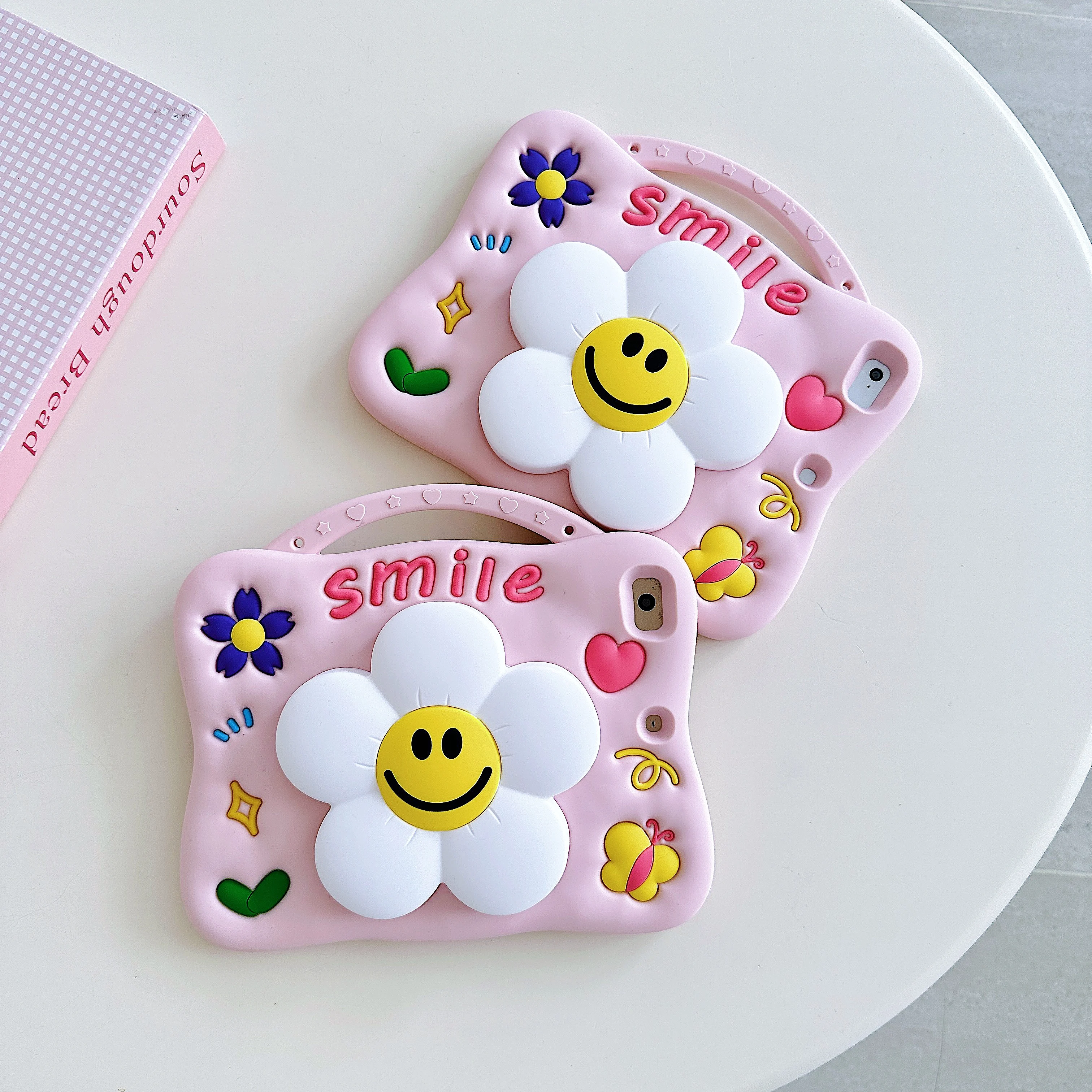 

For IPad 9 8 7th Generation Air Mini 2 3 4 5 6 10.9 Pro 11 A16 Tablet Case Pop Holder 3D Cartoon Smile Face Flower Silicone Case