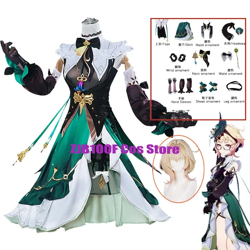 Sky01 Genshin Emilie Cosplay Costume Wig Dress Uniform Set Earrings Glasses Hat Fontaine Emilie Prop Halloween Party OutfitSd01$
