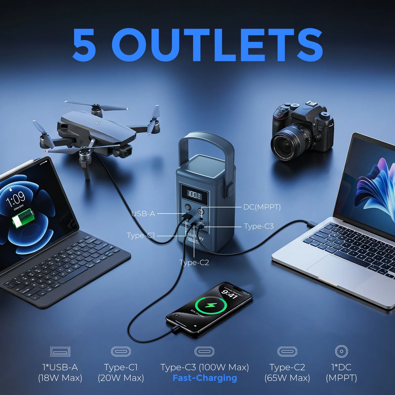 محطة طاقة محمولة SOLARPLAY Q100 بقدرة 25000 مللي أمبير في الساعة مولد طاقة شمسية خارجي 100 وات مخرج USB-C للتخييم في الهواء الطلق تعتيم الطاقة #4