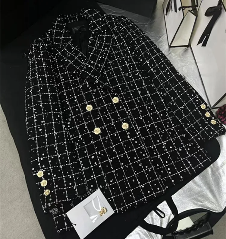 Customization European women's clothing - new summer styles 2026 Long-sleeved double-breasted tweed coat five-pocket pants set