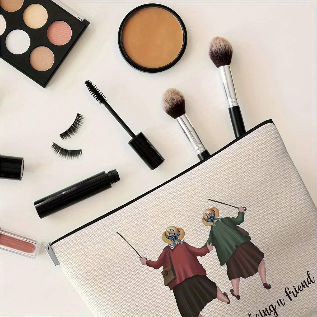 A Foldable canvas makeup bag with the design 'Thank You for Being a Friend' - a lightweight travel bag with a zipper closure