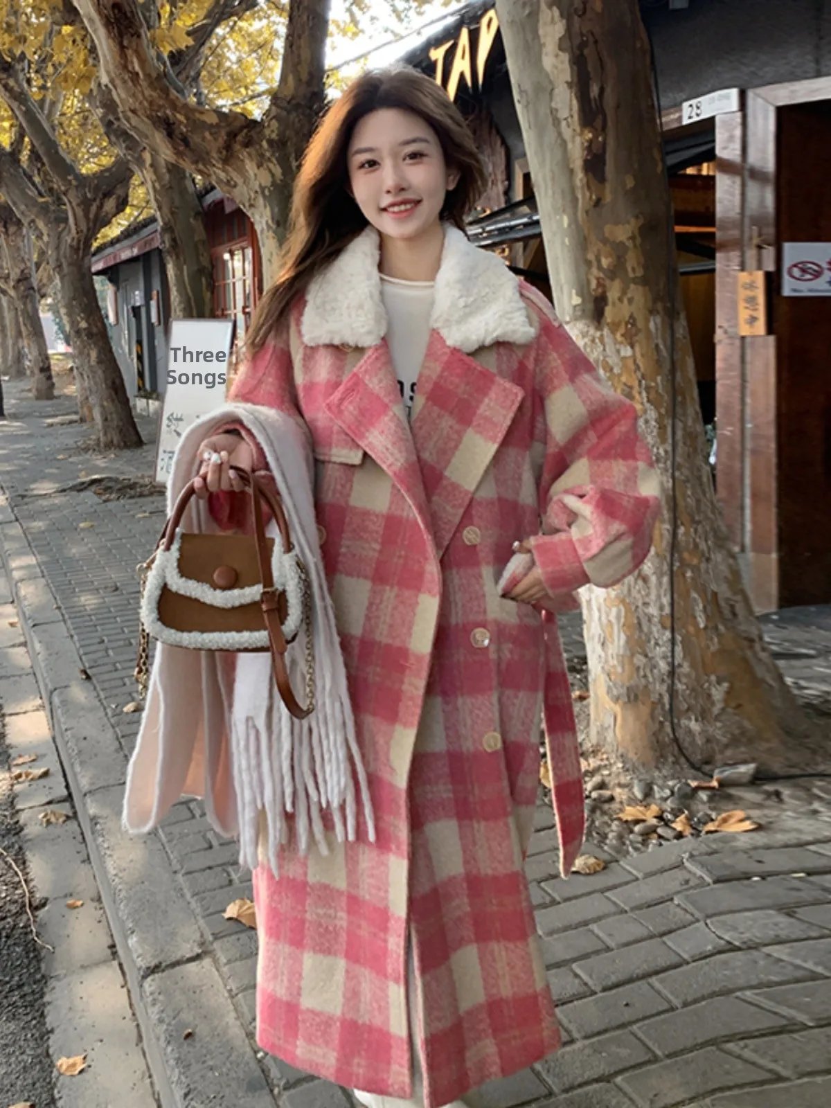 

Pink Plaid Woolen Coat Women's Winter 2024 New Korean Sle Gentle Design Long Thiened Wool Tartan Outerwear Long Sve
