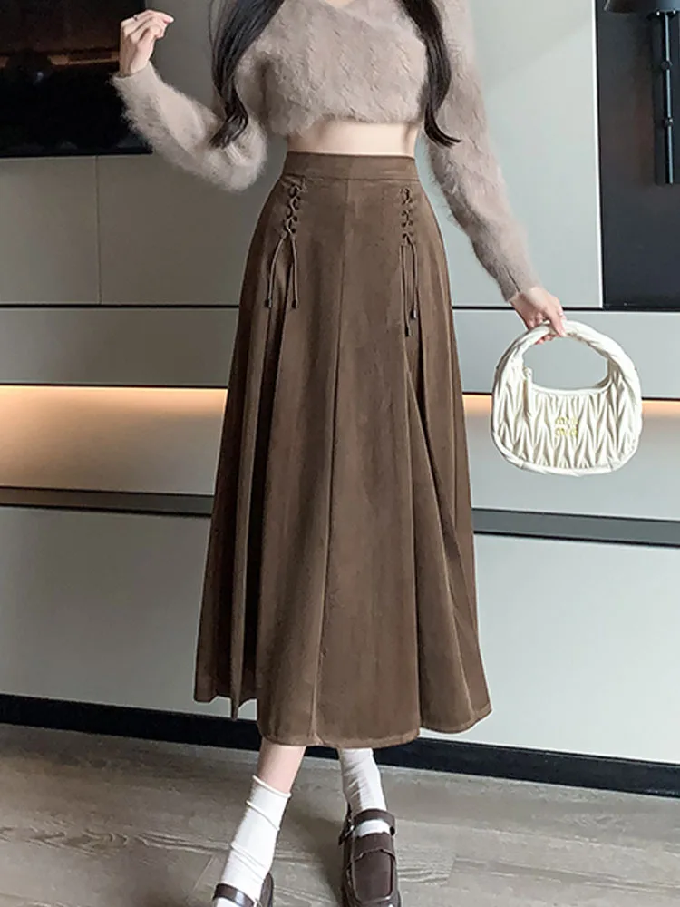 Vintage Long Skirt Women Korean Fashion Brown Midi Skirts Female Autumn Winter Retro A-line Skirts Chic Bandage Drawstring Skirt