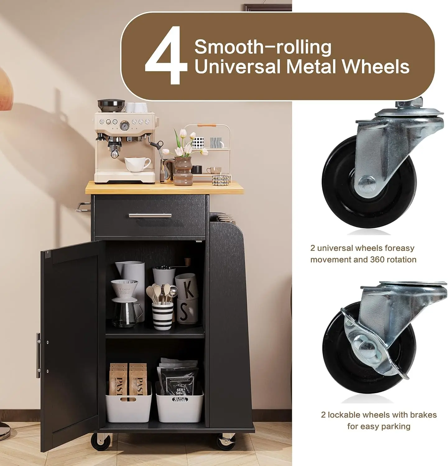 Kitchen Island, Cart Table with Storage, Small Portable Drawer on Wheels, Removable Narrow Wooden Edge Floating Space