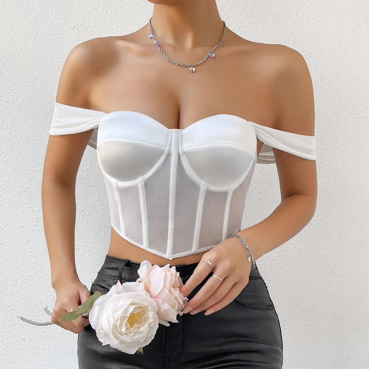 

Elegant Corset Cropped Top Women's Pure White Bustier Tank Tops Summer Sexy Slim Fit Lingerie Camisole Partyclub Bodyshaper Vest