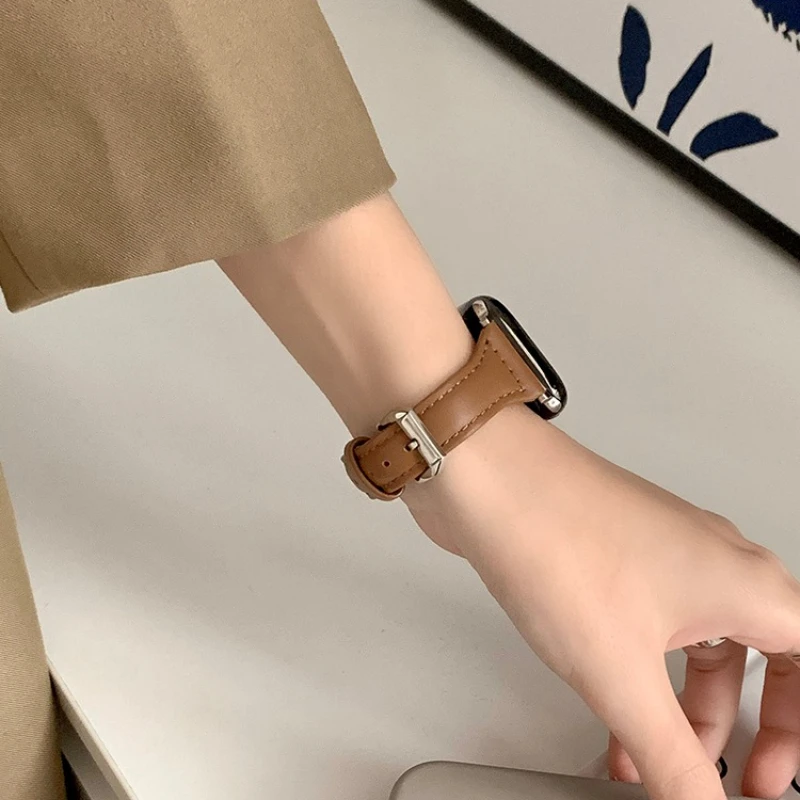 Correa de cuero delgada para Apple Watch 10 46mm 42 44 40 38 45 41mm ultra 2 49mm pulsera iWatch serie 10 9 8 7 6 SE 5 4 Correa