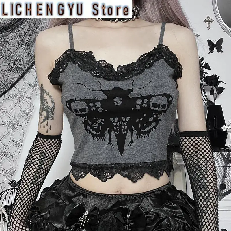 

New Camisole Black Lace Gothic Women Crop Top Skeleton Moth Printed Tank Tops Grunge Fairy Core Female Goth Clothes Summer