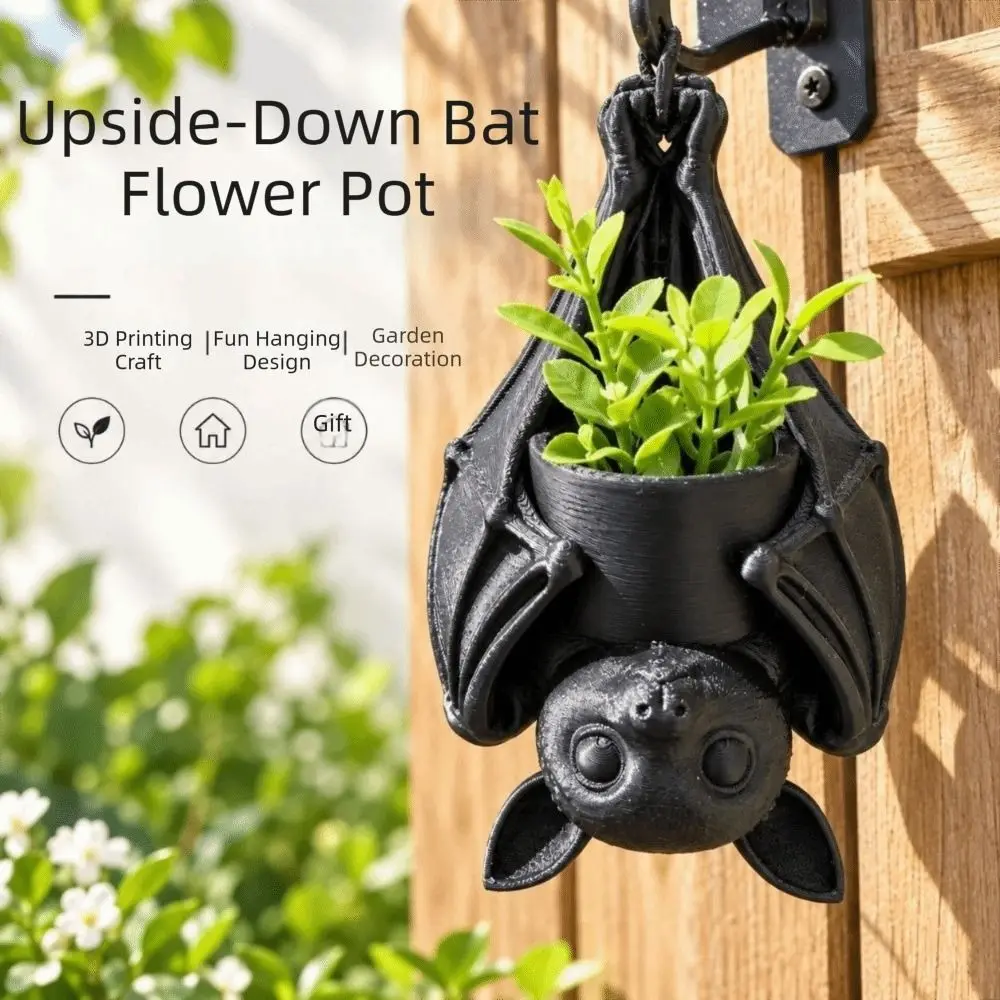 3D Printed Upside Down Bat Hanging Planter Plastic Whimsical Hanging Bat Plant Pot Gothic Style Realistic Bat Garden Ornament