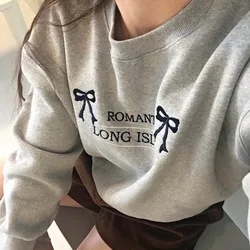 Bow Hoodie Sweatshirt Casual Loose O-Neck Long Sleeve Fashion Korean Style Letter Printing Cotton Streetwear Pullover Hoodies