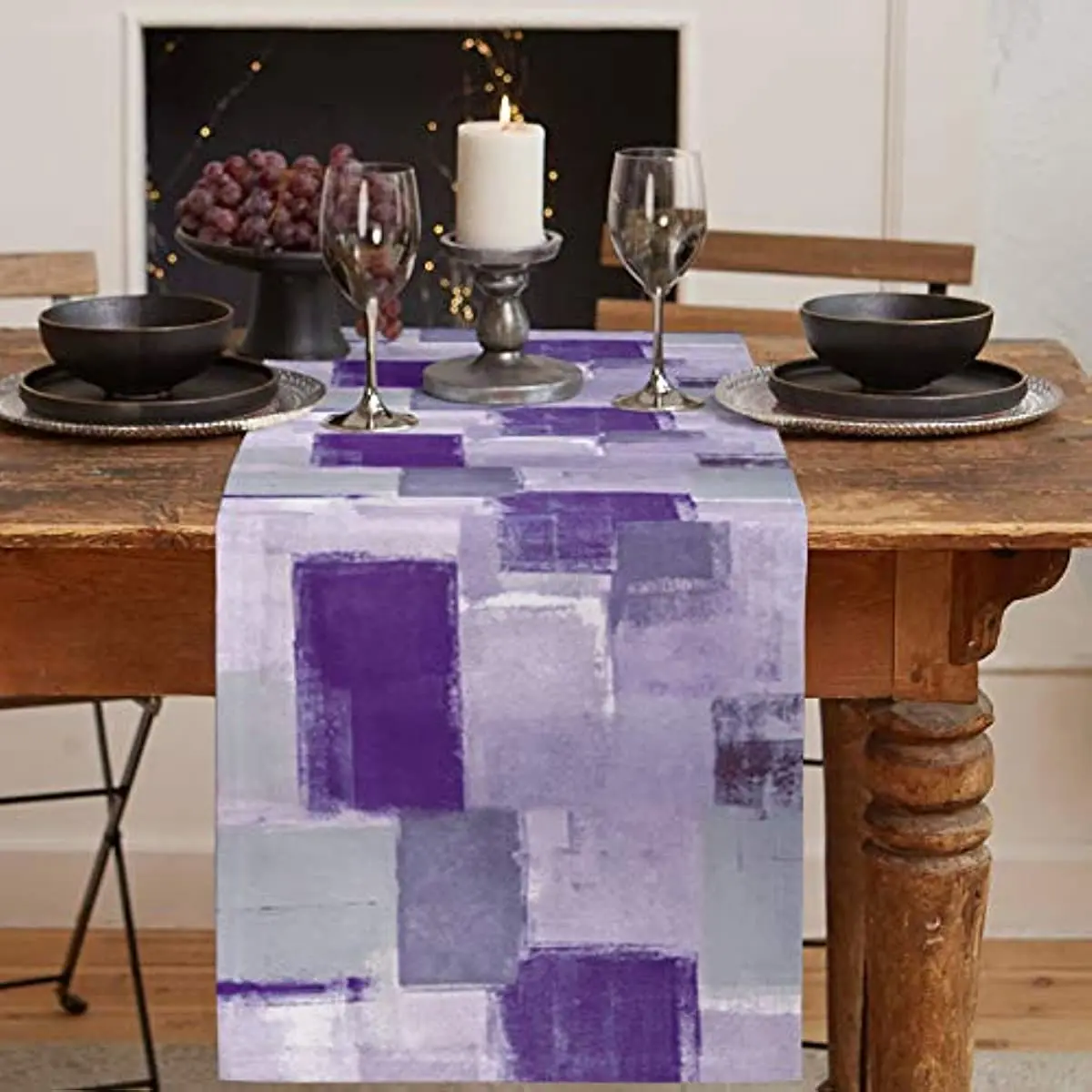 Purple Abstract Graffiti Linen Table Runners Wedding Decoration Washable Farmhouse Table Runners for Dining Table Country Decor