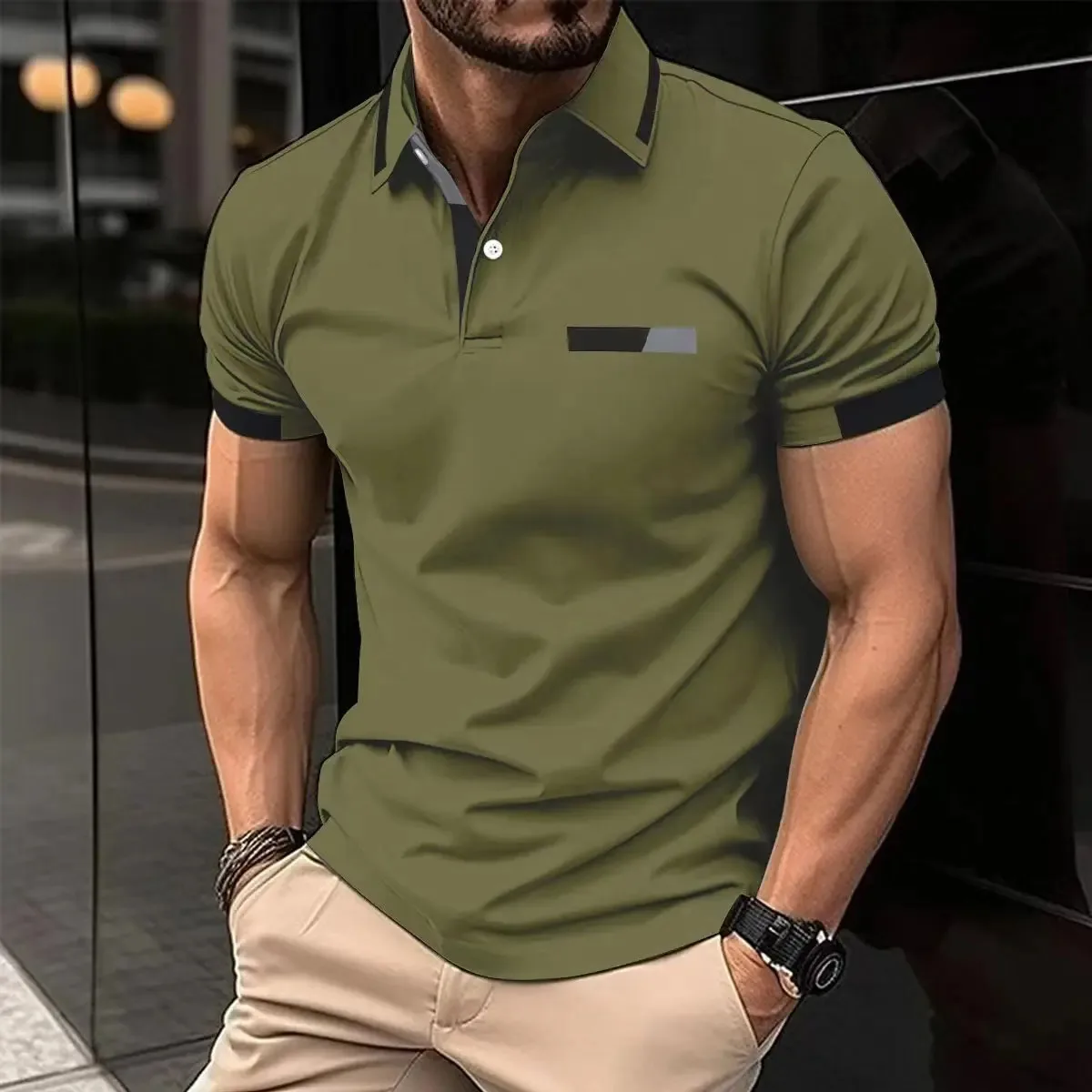 New Summer Men's Hot Selling Polo Neck Shirt Solid Color Button Men's Short sleeved T-shirt High Quality Wrinkle Resistant Skinc