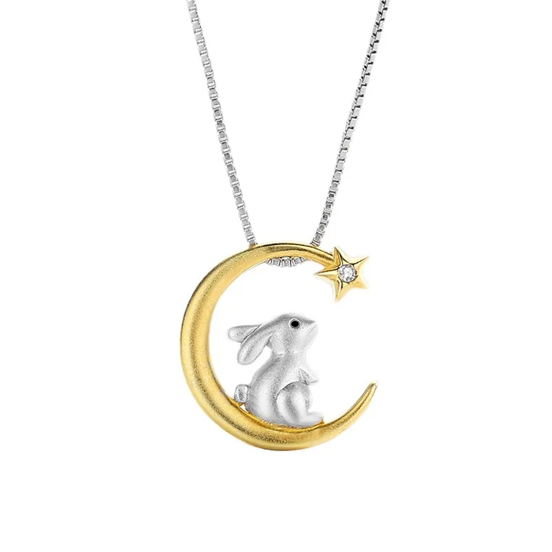 Foydjew New Fashion Cute Moon Rabbit Pendant Necklaces Clavicle Chain Women Creative Design Bunny Animal Jewelry Birthday Gifts