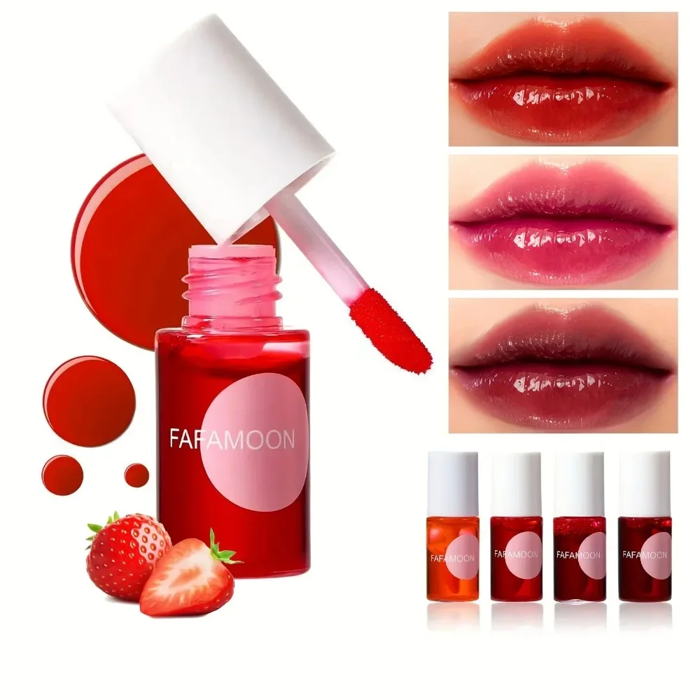New Strawberry Fruity Lip Tint Gloss Tint Moisturizing Liquid Lipstick Non-Stick Waterproof High Pigment Long-Lasting 4 Colors