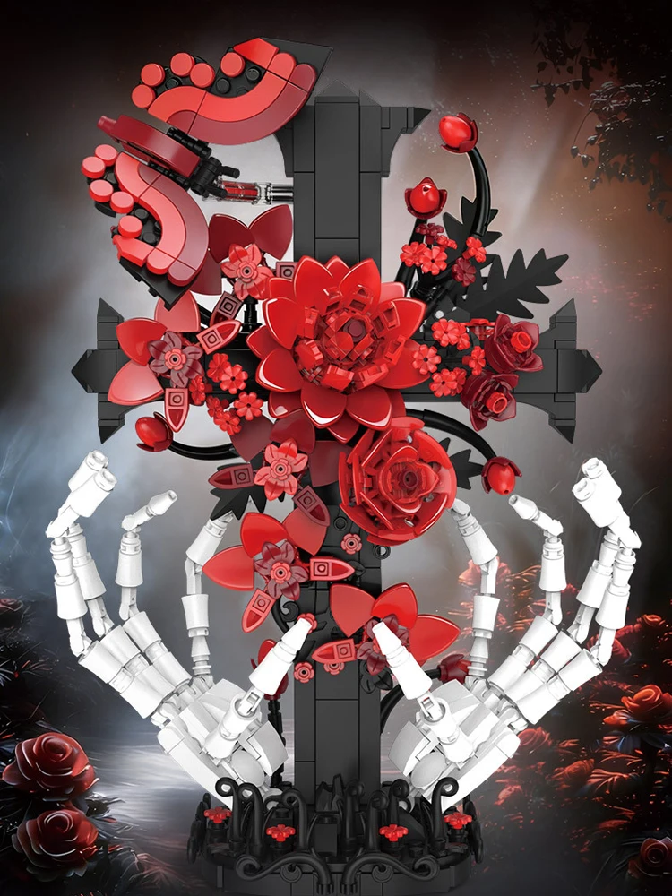 Idea Baustein Rote Rose Bestattungen Lernspielzeug Blumen Skelett Hand Kreuz Konstruktions-Baustein Modell Sammlerstück Schreibtischdekoration – Detail 1
