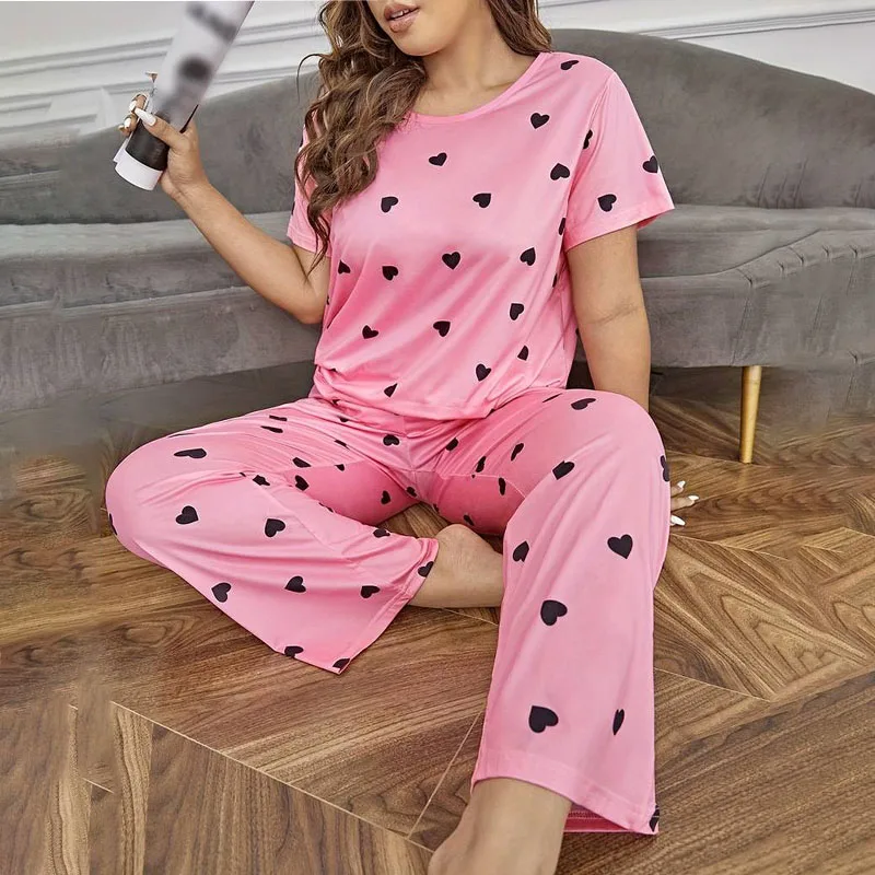 

Large Size Women's Pajamas Casua Loose Heart print T-Shirt With Pants Sleepwear Loungewear Nightwear 2 Piece Pijama For Women
