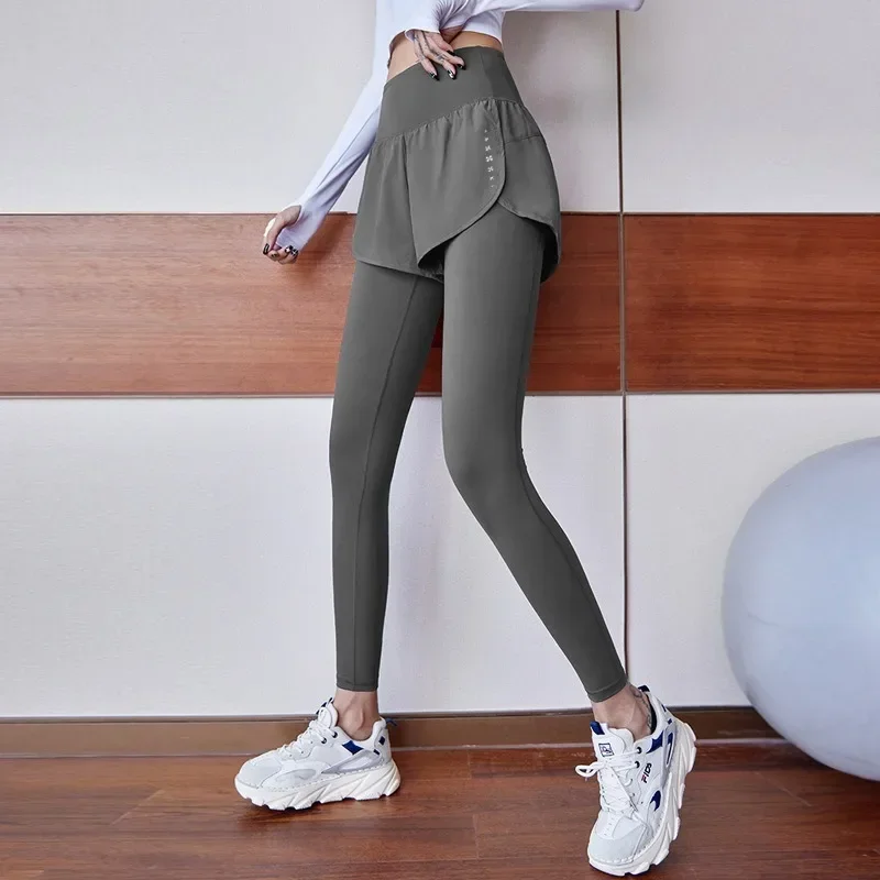 

Women's Gym Leggings Elastic High Waist Fake Two Pieces Yoga Pants with Pockets Sportswear Running Tights Wear