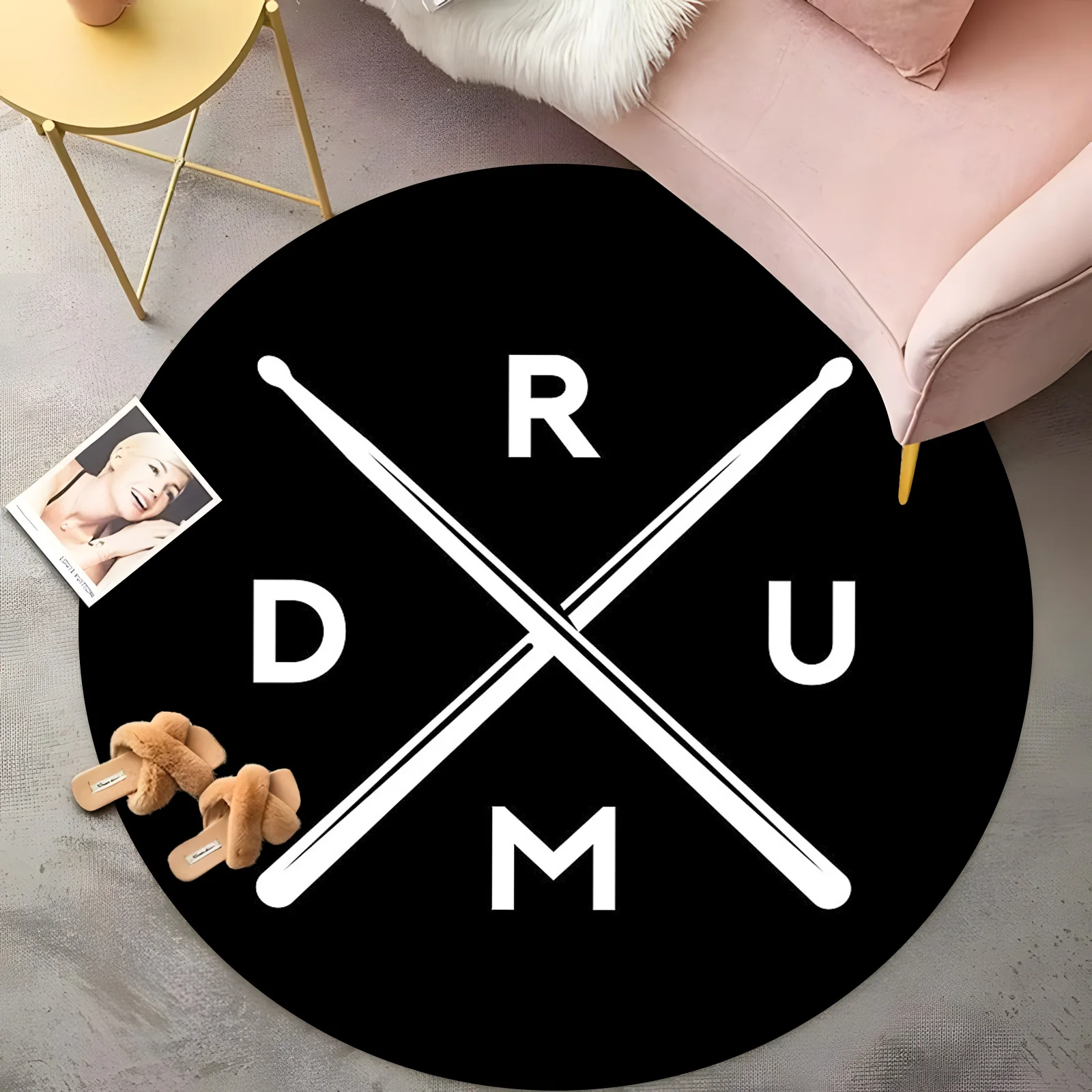 DRUM Percussion Round Rug - Crossed Drumsticks Design on Black, Music Lover Living Room Carpet, Non-Slip Bohemian Floor Mat