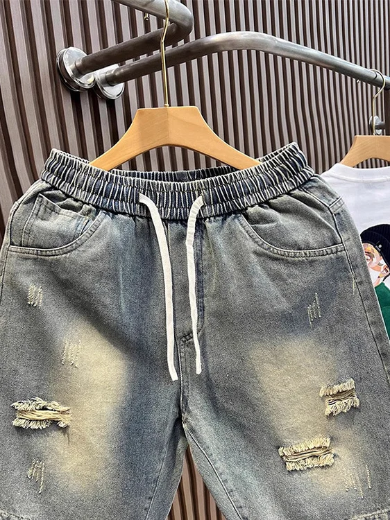 الصيف الأمريكية عارضة الرجعية فضفاض الخصر سروال قصير الجينز الرجال أنبوب مستقيم Haome خمسة أرباع السراويل المتوسطة #5